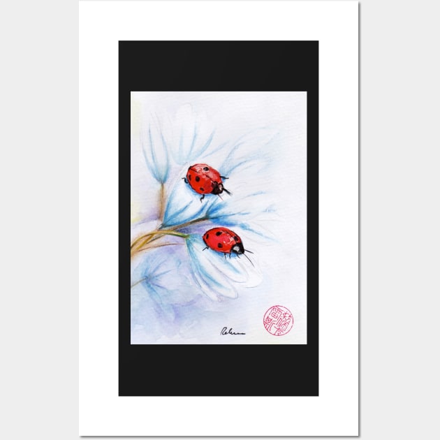 "companions"  ladybugs mixed media painting - watercolor, ink, colored pencil Wall Art by tranquilwaters